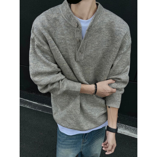 Wooden clear sense American Henry collar sweater men's autumn and winter cool and lazy old money style sweater sweater jacket floral gray M