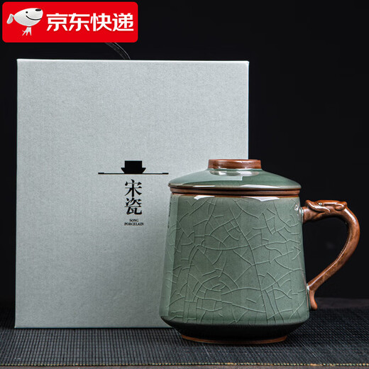 Qixuanyuan Ru Kiln Tea Cup Simple Drinking Cup Office Covered Filter Tea Water Separation Birthday Gift Customized LOGO Ge Kiln Dragon Handle Office Cup-Plum Green + Gift Box
