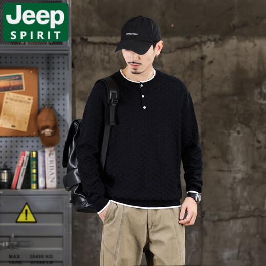 JEEP SPIRIT Sweater Men's Autumn and Winter New American Retro Henry Collar Jacquard Trendy Casual Sweater Men's Black XL