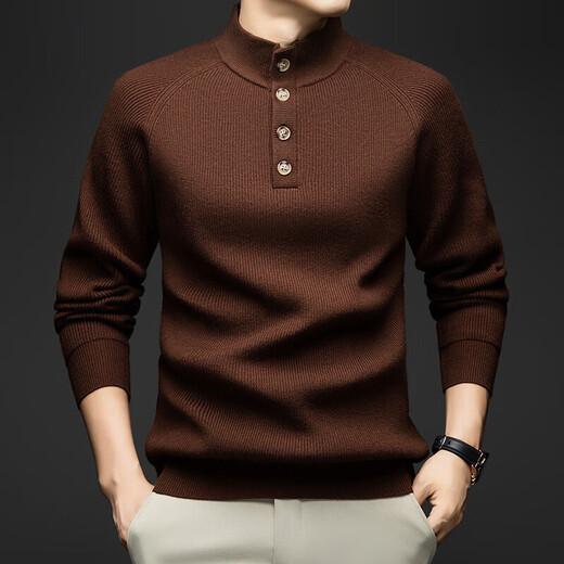 YISHion 2025 new cardigan 12-needle raglan sleeve Henry collar sweater with men's business casual knitted red brown M