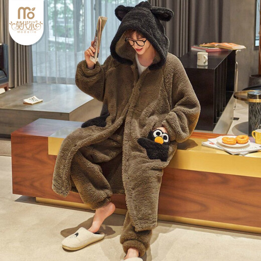 Модальные пижамы из кораллового флиса, мужские осенне-зимние новые плюс бархатные теплые пижамы, повседневный мультяшный комплект, можно носить вне дома.