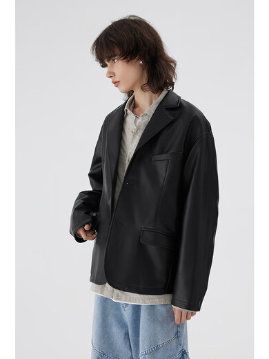 EWIGGESTRIGEN E3 short retro leather suit jacket loose black motorcycle jacket designer exclusive black L