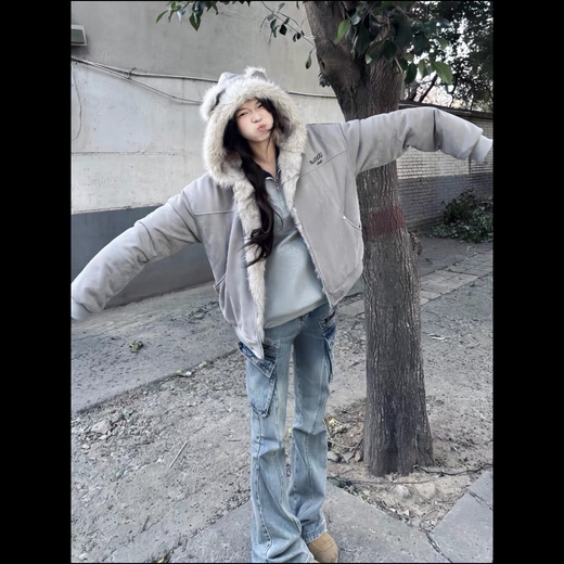 Yifansha cotton coat for women winter mountain sculpture cat ear fur collar hooded down jacket women short suede plush thickened jacket gray one size (please contact customer service to note the size)