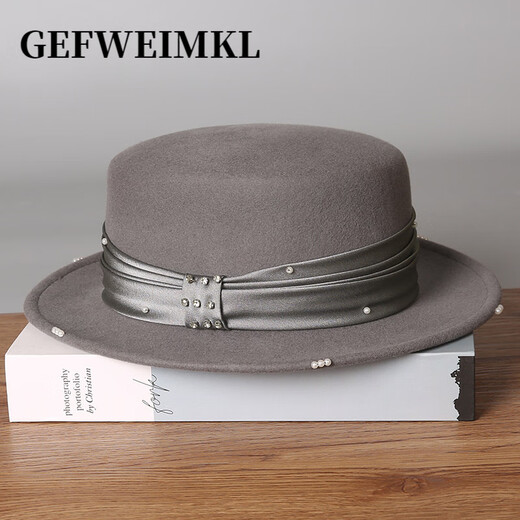 GEFWEIMKL French Pearl Bow Flat Top Women's Hat Autumn and Winter New Merino Wool Felt Hat Hepburn Style Hat Women Light Gray One Size (56-58cm)