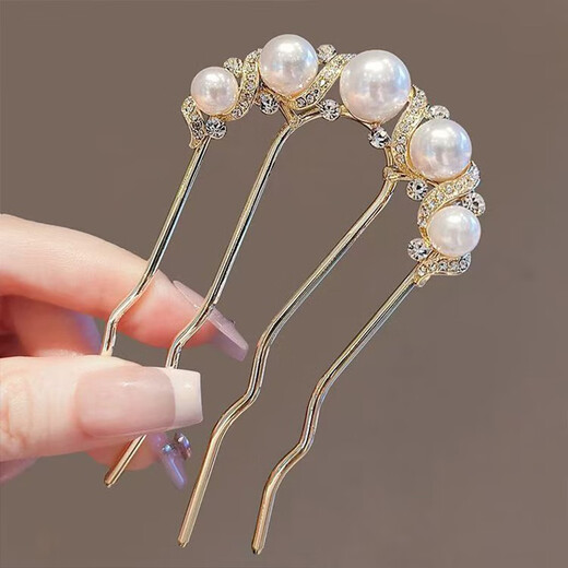 Qiao丂 Pearl U-shaped hairpin 2 packs, four-tooth comb hair fixing artifact hairpin hairpin hair accessories for women, gold + gun black, 2 packs