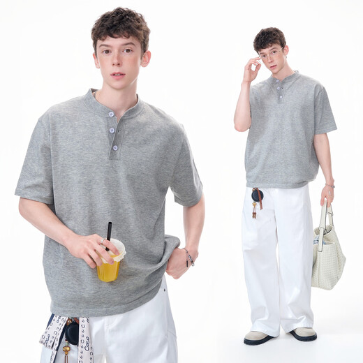 Yingtang Dream made American retro cleanfit henley collar short-sleeved T-shirt men's summer shoulder sweater half-sleeved floral gray M one size