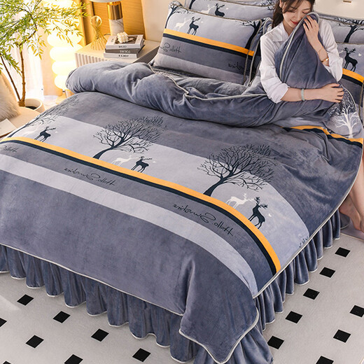 Mercury series home textile milk velvet four-piece set thickened coral velvet 2025 winter new double-sided flannel bedding cover bed skirt Fortune tree type A, available for infants bed sheet style 1.8m bed four-piece set 200*230cm
