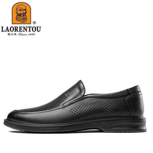 老人头（LAORENTOU）男皮鞋夏季镂空休闲鞋头层牛皮套脚鞋透气打孔鞋 LL12027 黑 42 
