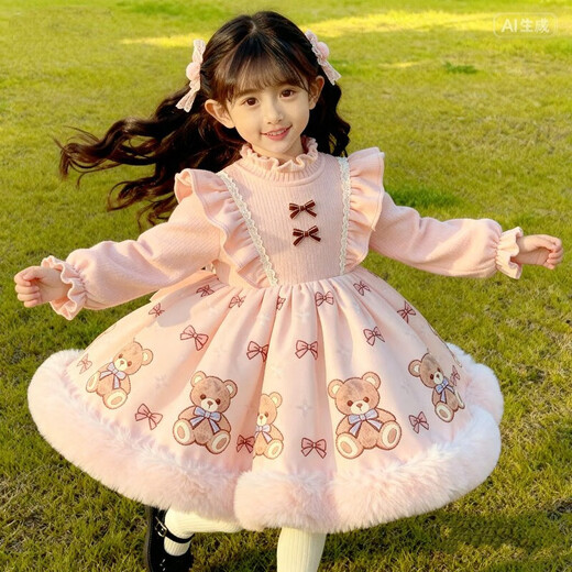 Kafanli (KafanIi) girls 2025 autumn and winter new velvet cute dress baby Lolita sweet fluffy birthday princess dress A05 pink bear velvet thickened sweet and cute 110