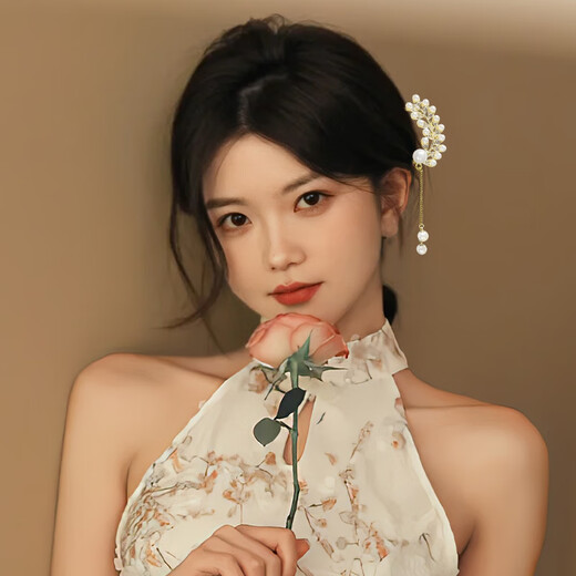 Mengdong pearl style tassel U-shaped hairpin for women, high-end cheongsam hairpin accessories, new Chinese style hairpin, ancient style hairpin, pearl style tassel hairpin*1 piece, main body is about 10*5cm