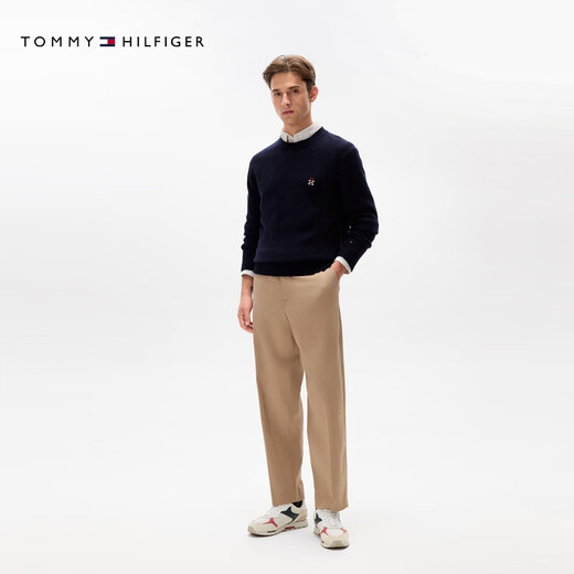 Tommy Hilfiger Autumn and Winter Men's Wool Blended Casual Commuting Embroidery Loose Round Neck Bottoming Knit Sweater Navy Blue ABS L (Recommended 150-165Jin Jin equals 0.5kg)