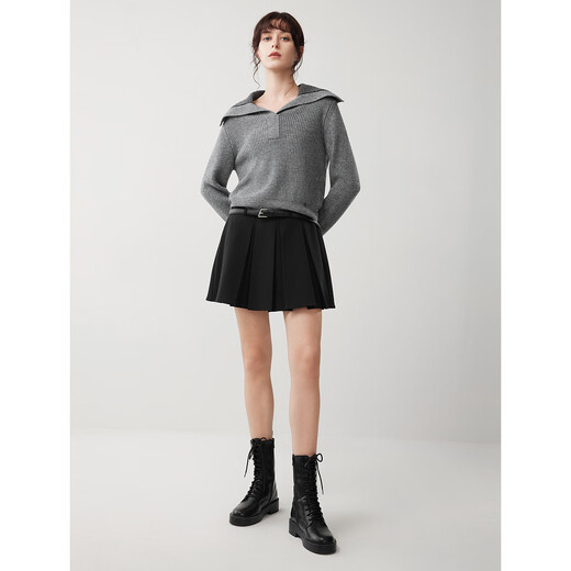 ELLE sheep wool large lapel loose sweater for women 2025 winter new style lazy high-end commuting wool sweater medium gray M