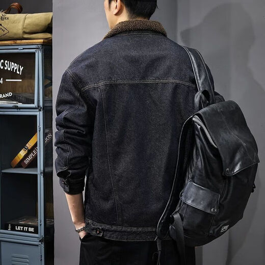 2025 winter velvet warm sherpa denim jacket men's American retro washed work jacket lapel cotton coat blue black velvet original high quality L recommended 110-125Jin Jin equals 0.5 kg
