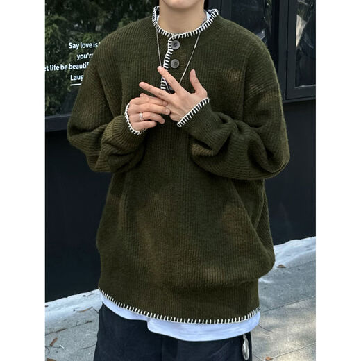 XBRO American retro vintage spring and autumn wool blended lazy Henry collar sweater pullover sweater for men and women dark green G076 wool sweater in stock M M loose and too large