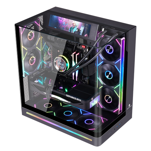 Wanjia Wenjie PLUS noir monobloc verre incurvé vue sur la mer châssis de salle ordinateur de jeu de bureau ATX/360 refroidi à l'eau/branché à l'arrière barre lumineuse TypeC/ARGB transparente sur trois côtés