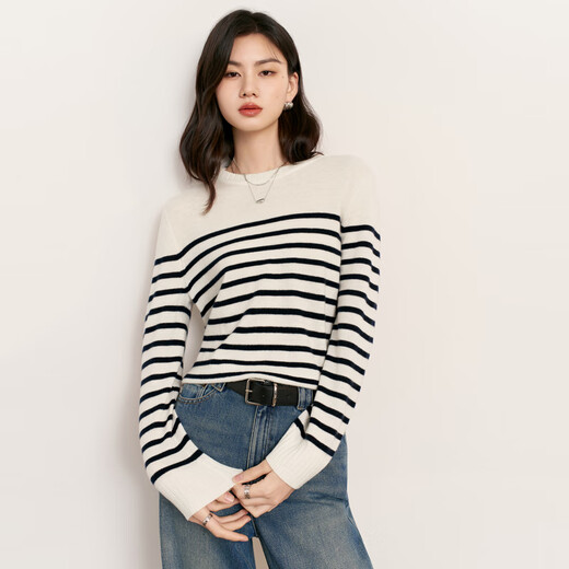 Eifini Jiang Xin endorses classic evergreen Eifini all-wool navy blue basic striped sweater 25 winter new style off-white S 80-105Jin Jin is equal to 0.5 kg