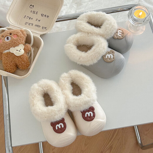 Winter baby cotton slippers cute small and medium-sized children indoor home non-slip boys and girls thickened warm cotton shoes gray-M 14 (20-21) inner length 13.5cm/foot length 12.5