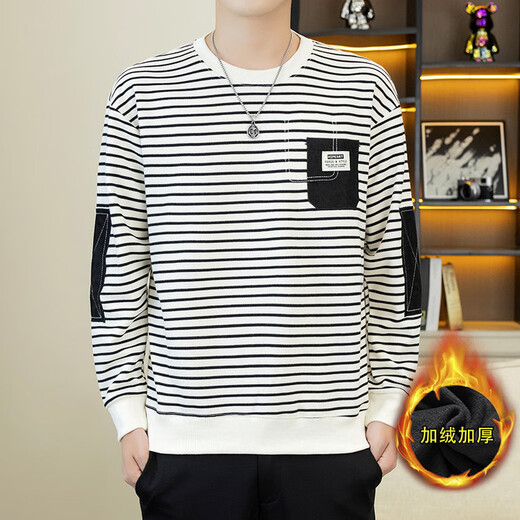 Nasawassup light luxury autumn and winter new long-sleeved versatile sweatshirt men's trendy patch patchwork sleeves casual temperament striped top black XL