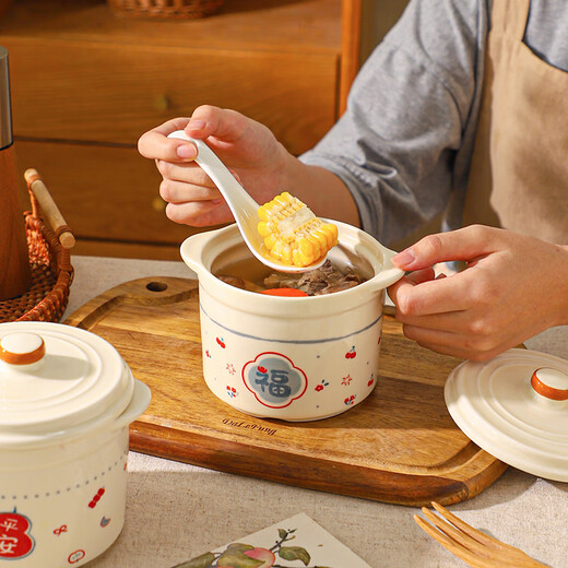 Sheli Chinese double-lid stew pot, double-ear ceramic water-proof stew steamed egg bowl, stew pot, household dessert bird's nest special soup cup, two packs, Fu style + Ping An style/small spoon, 550ml, can be steamed and baked | double cover to lock in freshness