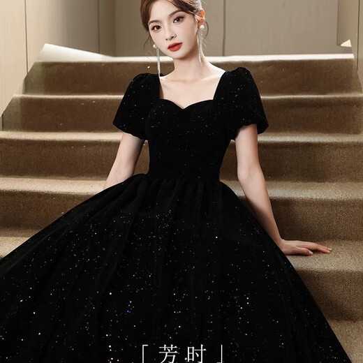 Black autumn and winter new evening dress light luxury niche high-end art exam adult ceremony host long French high-end large size black strap style L