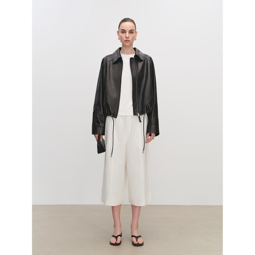 MSBEAST Miss Beast imported double version sheepskin Lo*we style lapel drawstring short leather jacket丨balloon jacket classic black M