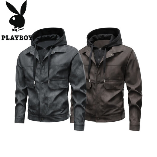 Playboy (PLAYBOY) Leather Men's Jacket 2025 New Autumn and Winter Trendy Brand Plus Velvet Warm and Handsome Fake Two-piece Detachable Hooded Leather Jacket Brown M