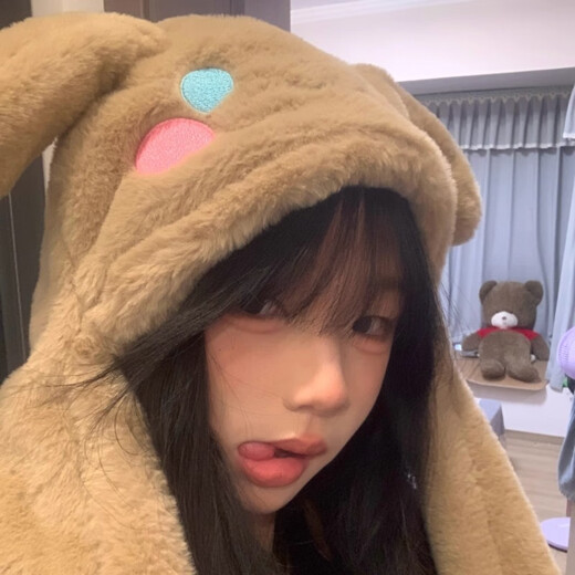 毛绒帽子女耳朵会动的帽子围巾一体可爱冬季雷锋帽防寒保暖护耳帽 奶白色护耳帽【耳朵可动】