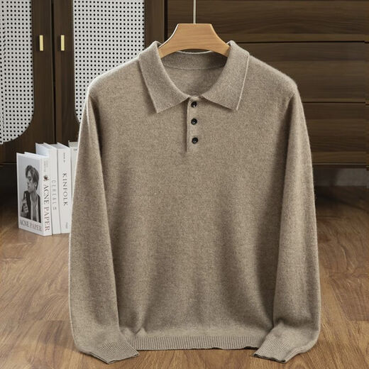 Ordos 100% cashmere men's wool sweater POLO autumn and winter cashmere sweater warm knitted sweater base sweater hemp gray 4XL