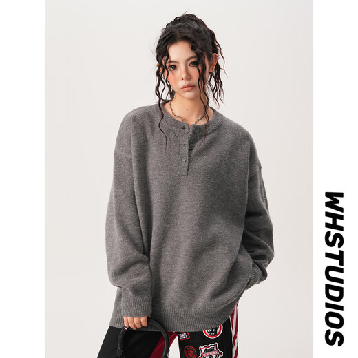 QGF American retro Henry neck sweater for women and men in autumn and winter new cleanfit loose lazy style round neck sweater dark gray XL recommended 125-145Jin Jin equals 0.5 kg