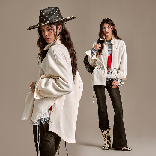 CHUU字母刺绣衬衫女士2025年冬季新品不对称纽扣宽松长袖翻领衬衣 白杏色 均码