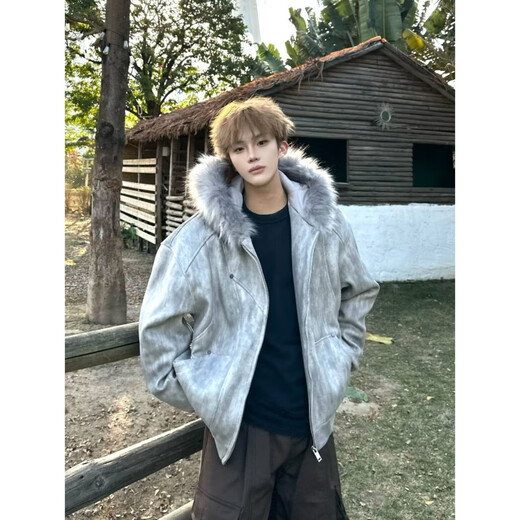 Zhiwei 25 new winter style mountain carving plus plush collar tie-dyed cotton padded jacket boys trendy American retro jacket light gray XL recommended 125-145Jin Jin equals 0.5 kg