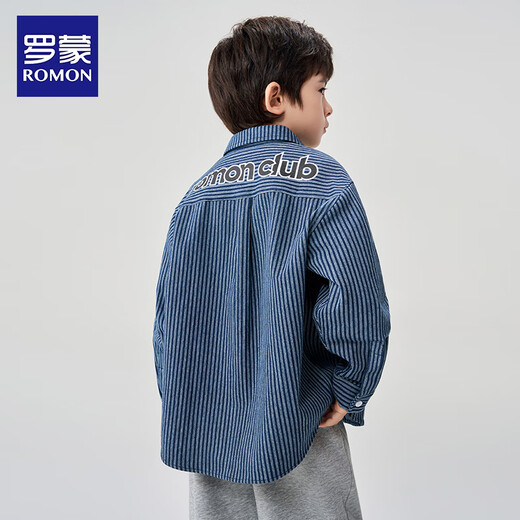 Romon Boys Striped Shirt New Fashionable Children's Autumn and Winter Jacket Trendy Handsome Spring and Autumn Thick Shirt Blue 140