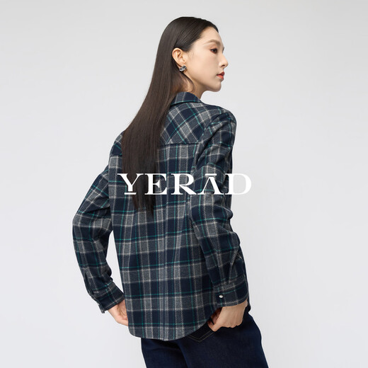 Yalida retro brushed blue plaid shirt for women 2025 autumn and winter new inner top loose shirt jacket blue plaid (B0) M