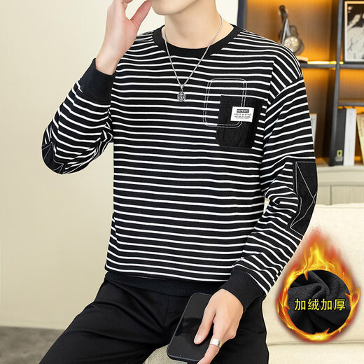 Nasawassup light luxury autumn and winter new long-sleeved versatile sweatshirt men's trendy patch patchwork sleeves casual temperament striped top black XL