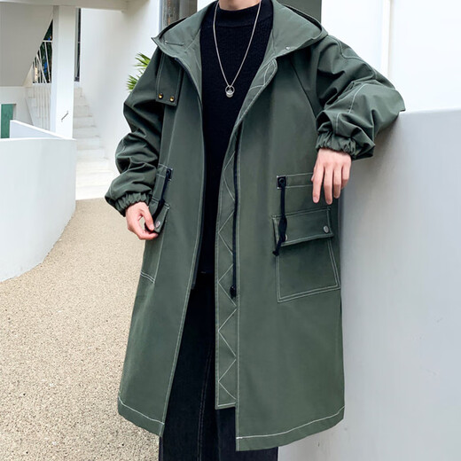 JEEP SPIRIT Jeep windbreaker jacket men's mid-length British coat hooded Korean style casual jacket black M