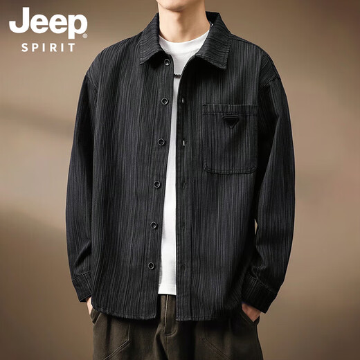 JEEP SPIRIT Jeep Japanese bamboo pattern shirt jacket men's autumn loose new retro top workwear long-sleeved shirt black XL