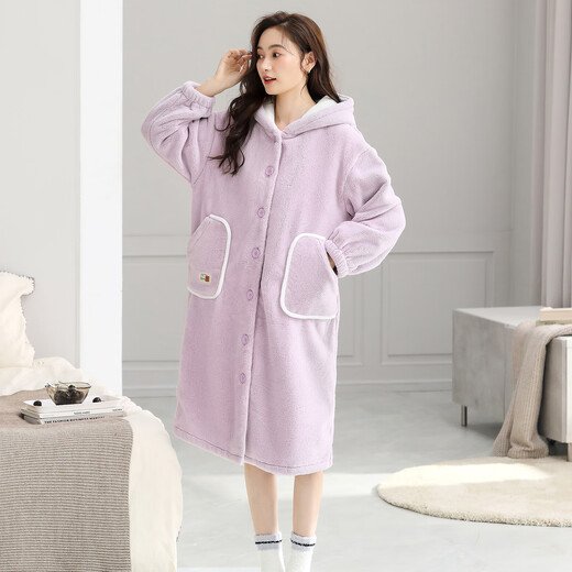 LangSha couple's nightgown, one man and one woman, winter flannel plus velvet warm hooded bathrobe pajamas, mid-length home wear, winter, female F8046 purple + male F9046 carbon gray M female + XL male