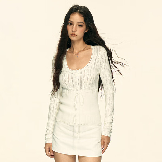 AAISUP American style hollow chic long-sleeved sweater for women 2025 spring and autumn super popular age-reducing slim fit hot girl inner top trendy white S