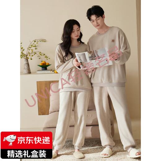 FENTENGG light luxury brand couple pajamas women's anti-static winter coral velvet thickened plus velvet men's autumn and winter flannel 57039 meters apricot L does not pill, does not fade and does not deform