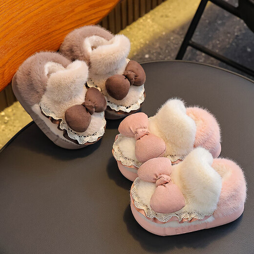 Winter children's cotton slippers for girls and princesses, non-slip EVA warm plus fluffy bow, small and medium-sized children's cotton slippers, upgraded version of environmentally friendly material pink (heel included) 12 28/29 size (inner length 17CM, no rear elastic band