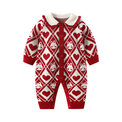 BORBOON B baby autumn and winter one-piece baby girl red festive full moon New Year greetings winter style small month old clothes red 7622 73cm