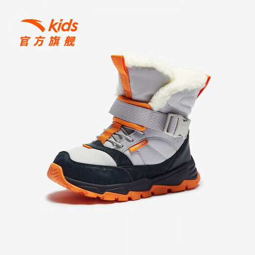ANTA children's cotton shoes for boys and girls 2025 autumn and winter new leather surface water repellent plus velvet warm outdoor anti-ski boots men's star and moon gray/flower blue-1 28