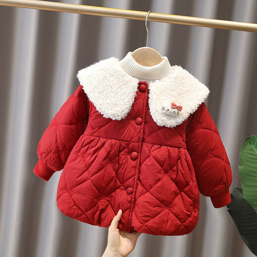 Burwilde International Brand Girls' Velvet Thickened Cotton Clothes 2025 New Winter Children's Winter Kitten Cotton Clothes for Girls Baby Protective Fur Collar Butterfly Quilted Embroidered Cotton Clothes Pink 120 cm