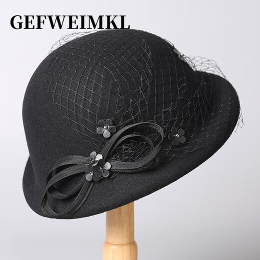 GEFWEIMKL Merino Wool Basin Hat Women's Autumn and Winter New French Style Wool Top Hat Women's Mesh Flower Lady Hat Black One Size (56-58cm)