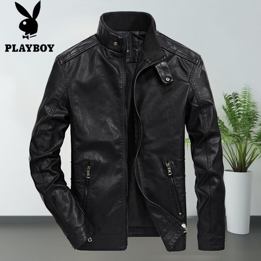 Playboy (PLAYBOY) Leather Jacket Men's Jacket Spring and Autumn Thin PU Leather Jacket Short Stand Collar Leather Jacket Men's Casual Fashion Slim Trend Black Thin XL 125-135Jin Jin is equal to 0.5 kg