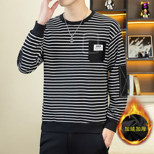 Nasawassup light luxury autumn and winter new long-sleeved versatile sweatshirt men's trendy patch patchwork sleeves casual temperament striped top black XL