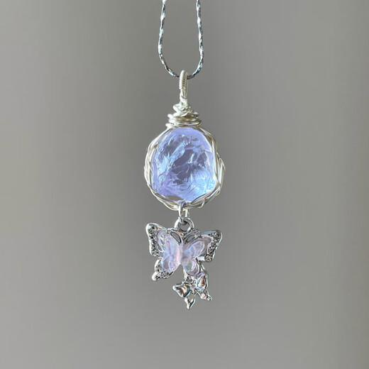 Xidian original design aquamarine rough stone butterfly necklace women's niche clavicle chain hand-wound crystal pendant Youdieyu