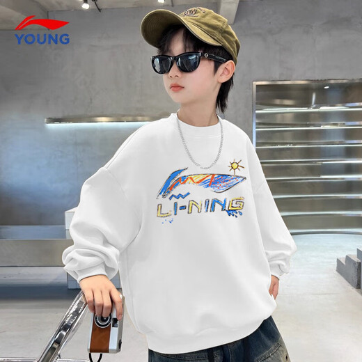 Li-Ning Youth Velvet Suit Autumn and Winter Boys Cotton Sweatshirts and Footwear Children's Sports Clothes Two-piece Set White Velvet Suit Comfortable and Skin-Friendly 150 cm