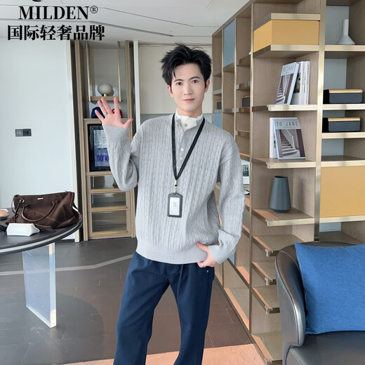 MILDEN international first-line brand autumn and winter lazy style Henry collar hemp pattern sweater men's loose fake two-piece versatile red floral gray S