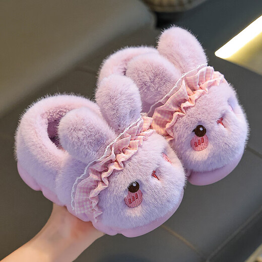 Rabbit Children's Cotton Slippers for Boys Winter Cartoon Cute Non-Slip Indoor Bathing Soft Soled Baby Slippers Pink (Heel Included) 12 Size 32/33 (Shoe Inner Length 19CM Suitable for Foot Length 18